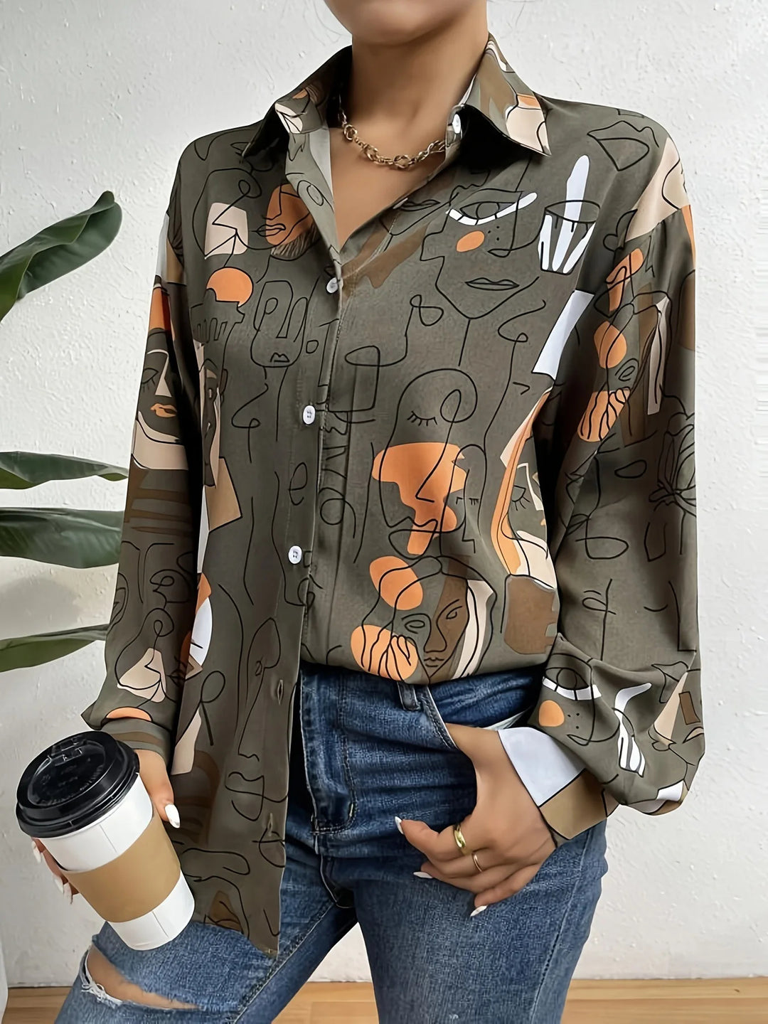 Abstract Satin Button-Up