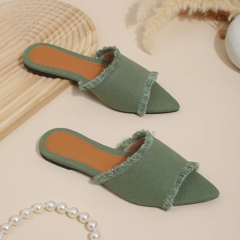 Fray Denim Slides